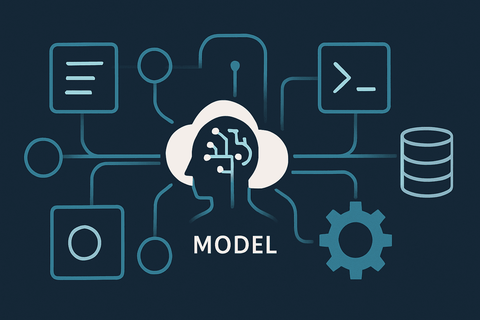 A conceptual network diagram showing an AI model connected to external tools